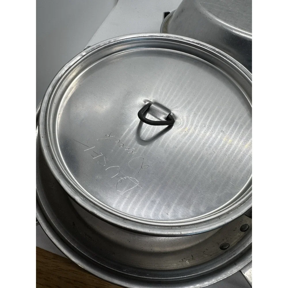 Vtg Girl Scout Canteen Pan Mess Kit Set in Plaid Fabric Cover Mirro Aluminum A5
